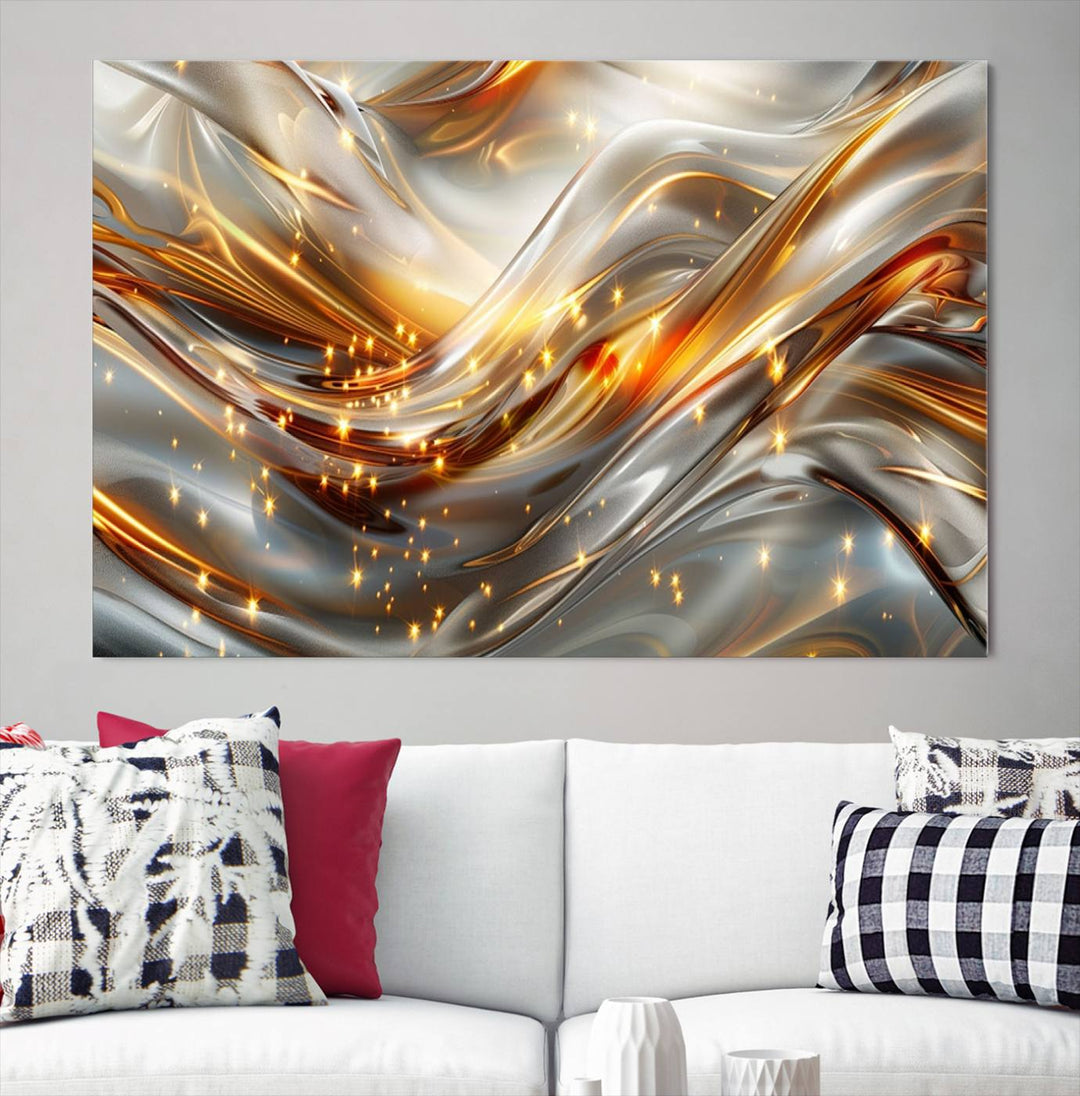 The Elegant Modern Gold Abstract Wall Art - Premium Framed Canvas Print for Home & Office Decor showcases a captivating triptych with swirling metallic designs and golden sparkles, perfectly enhancing contemporary interiors.