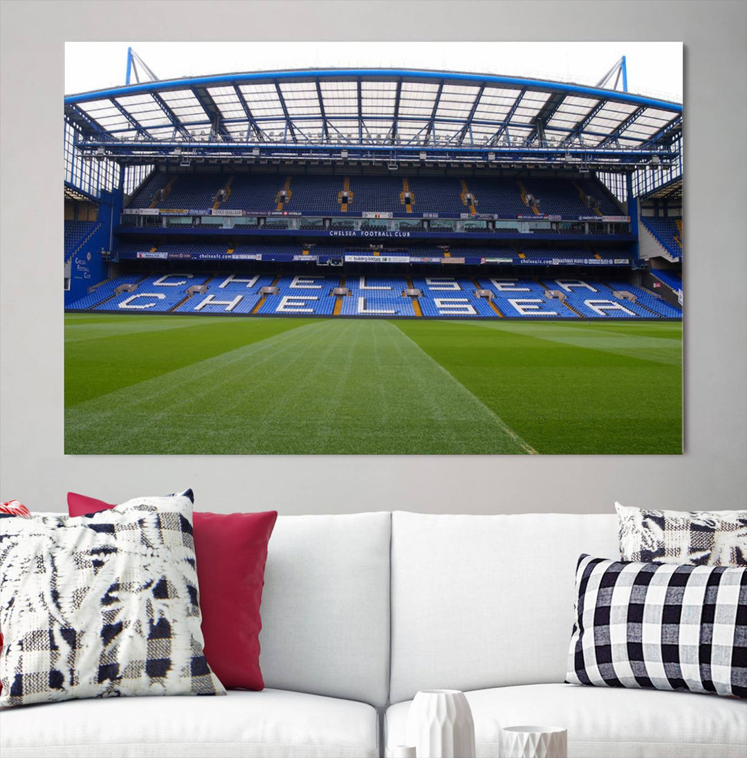 The Chelsea FC Soccer Team Print - Stamford Bridge Stadium Wall Art Canvas Print hangs elegantly, bringing the thrill of the game into your living room.