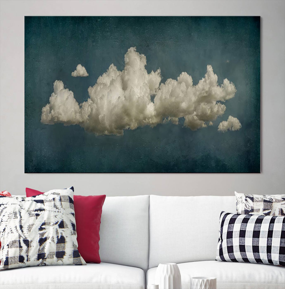 The Vintage Green Clouds Wall Art Canvas Print, set against a teal backdrop, showcases breathtaking canvas artwork with a gallery-quality finish.