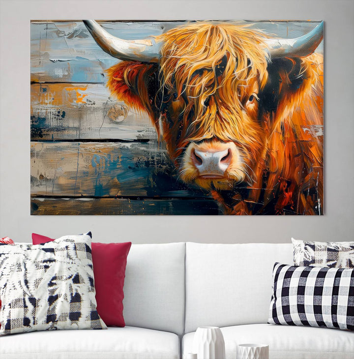 The Highland Cow Abstract Canvas Wall Art, a bold piece of farmhouse rustic decor, adds charm to the modern living room.