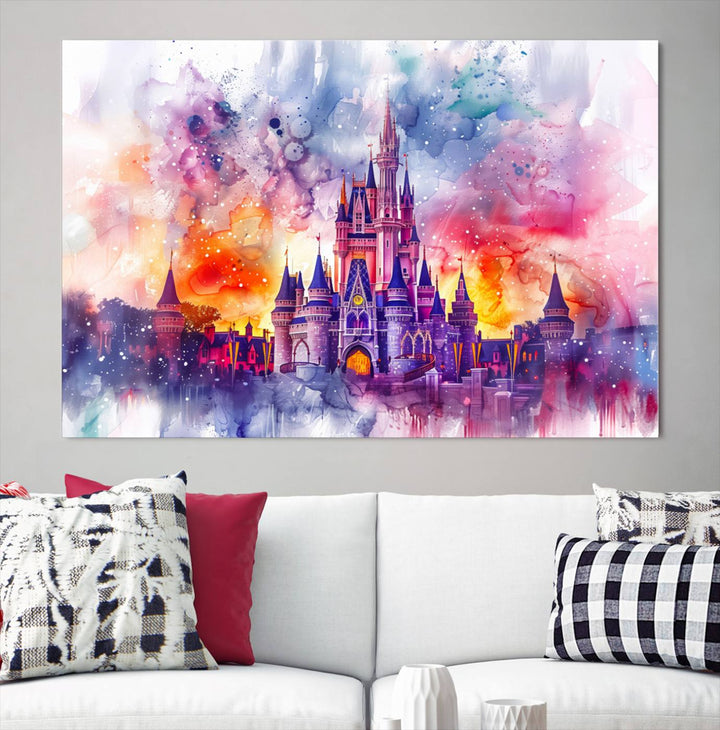 A vibrant piece of wall art depicting the Cinderella Castle from Disneyland, presented as a watercolor painting on premium canvas, is displayed.