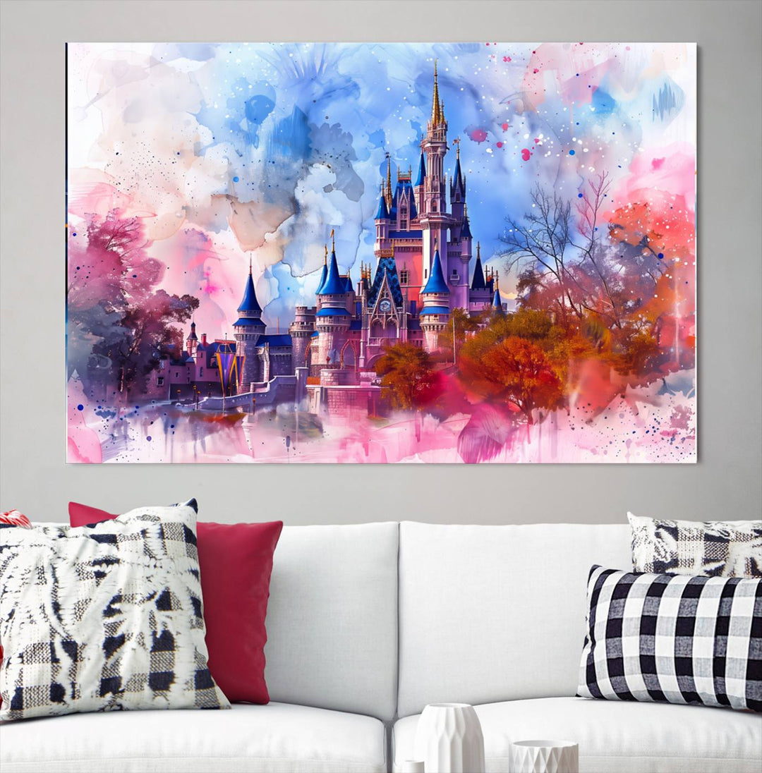 The Disney Wall Art: Dreamy Watercolor Cinderella Castle Canvas Print features a fairy-tale castle with vibrant pink, blue, and purple hues. Expertly handmade in the USA, this premium canvas wall art adds a touch of enchantment to any room.