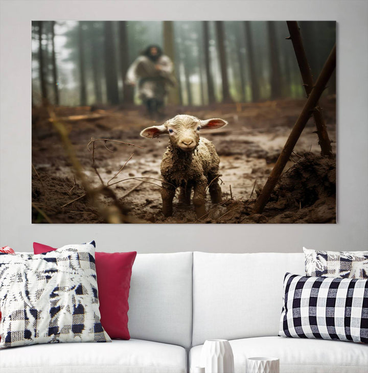 Jesus Running After a Lost Lamb Canvas Wall Art Print