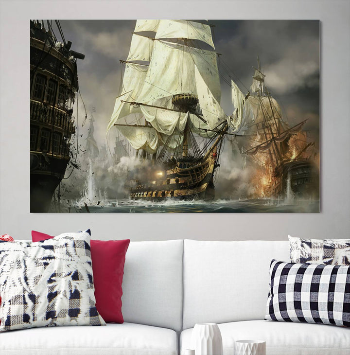 The Pirate Ship War Wall Art Canvas Print, featuring a stunning three-panel depiction of an intense sea battle with tall ships, boasts a gallery-quality finish that adds an elegant touch to its display.