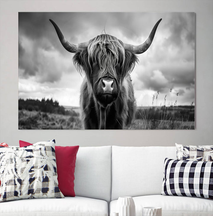 A stunning gallery-quality piece, the "Scottish Cow Wall Art Canvas Print | Longhorn Wall Art | Bighorn Animal Wall Art," depicts a Highland cow with long horns and shaggy fur. This captivating wall art elegantly enhances the space.