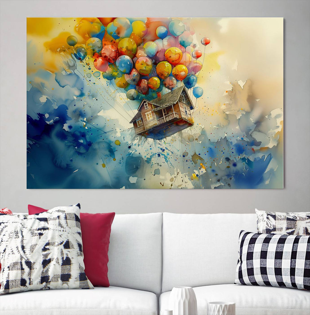 The Cartoon Movie Wall Art Canvas Print, featuring a vibrant house lifted by balloons and split across three panels, serves as captivating wall art. Handmade in the USA, it adds charm and whimsy to any space.