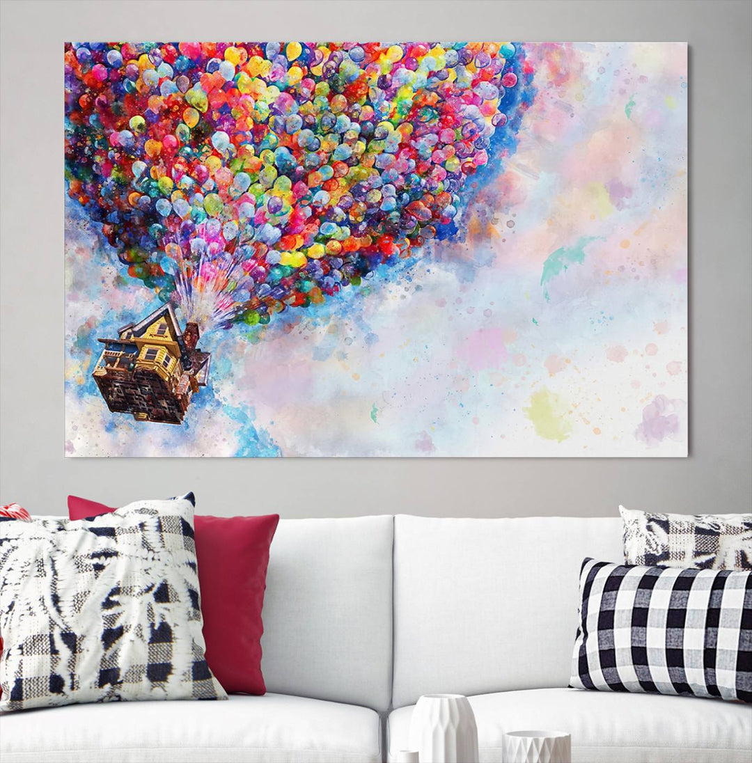 The "Watercolor Cartoon Movie Balloons Canvas Print" is showcased, depicting a whimsical house being lifted by colorful balloons. This triptych wall art is crafted on museum-quality canvases with a UV-protective coating to maintain its vibrant colors, making it ready to hang in any room.