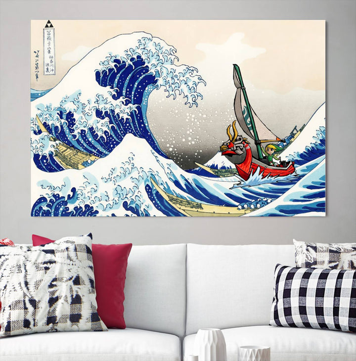 The Katsushika Hokusai Kanagawa Giant Wave Wall Art Canvas Print, featuring iconic Japanese art, brings a touch of modern artistry to the living room.