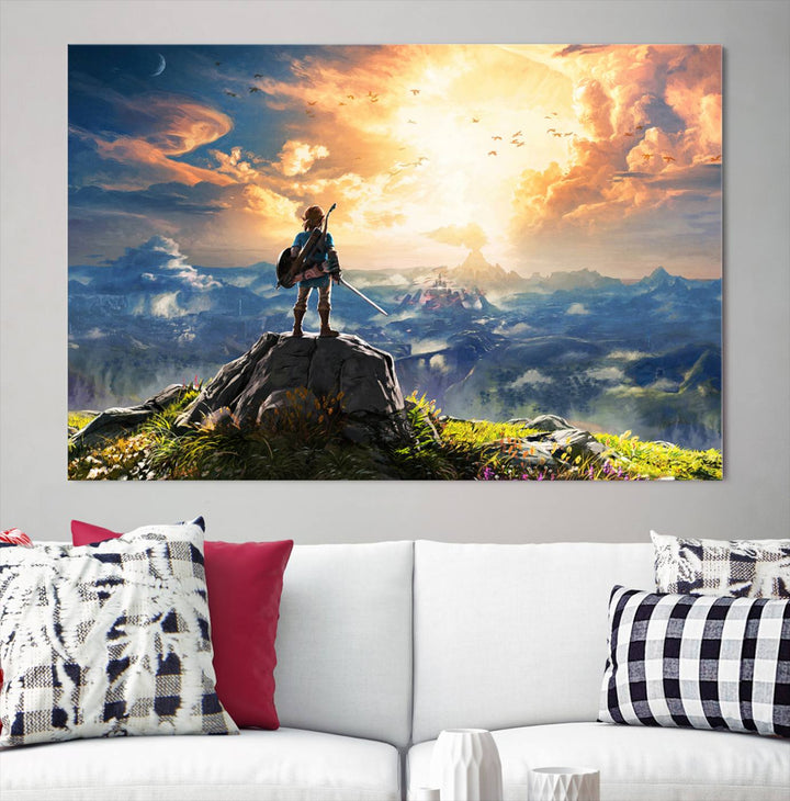 The Legend of Zelda Breath of the Wild Game Wall Art Canvas Print showcases a fantasy landscape with a character on a cliff, all rendered in gallery-quality finish on premium canvas.