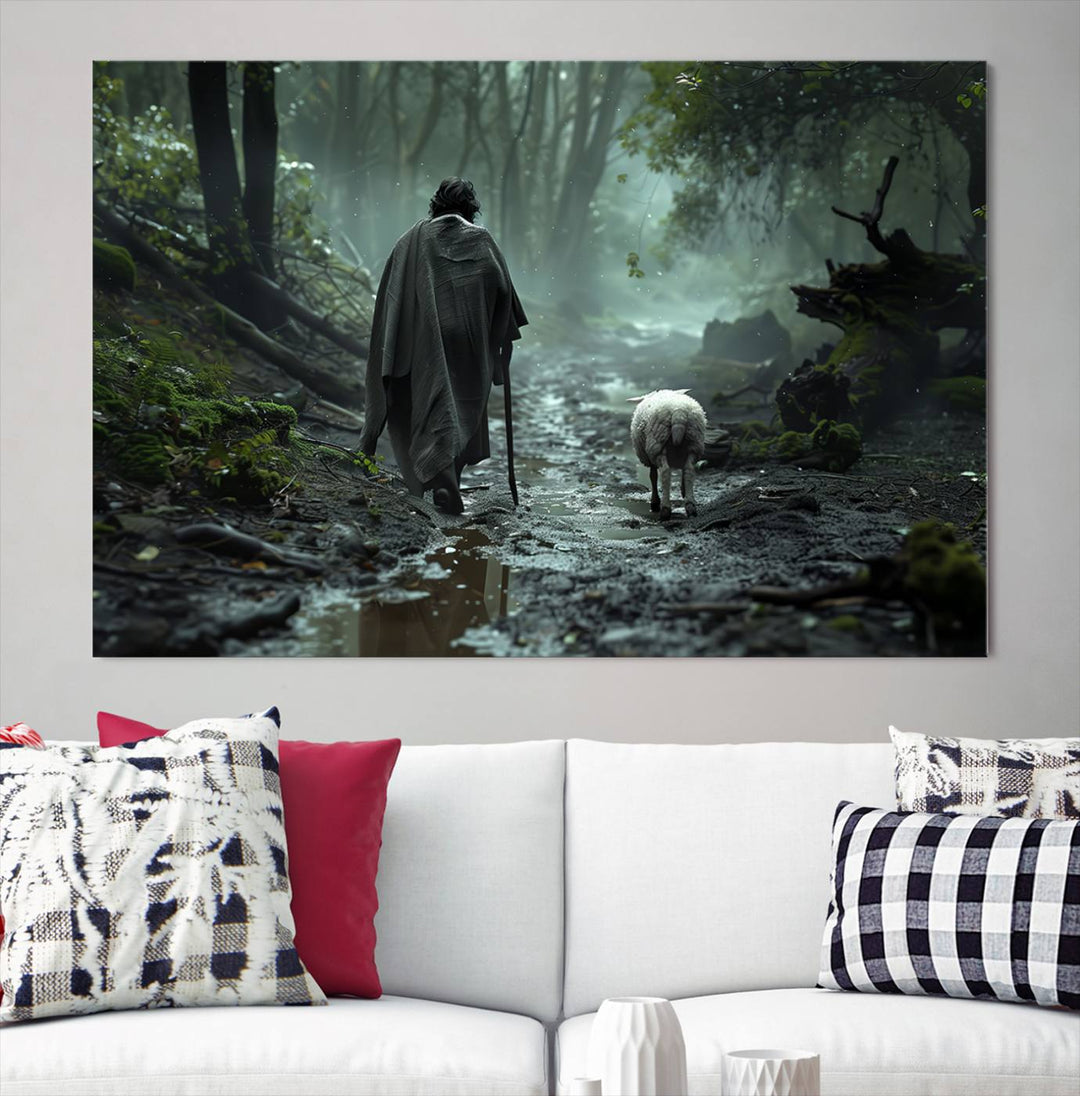 The "Forest Jesus Shepherd Canvas Wall Art" features a person with a cane, clothed in a cloak, walking beside a sheep through a misty forest. This piece captures tranquility and is ideal for adding serenity to your living room, office, or bedroom decor.