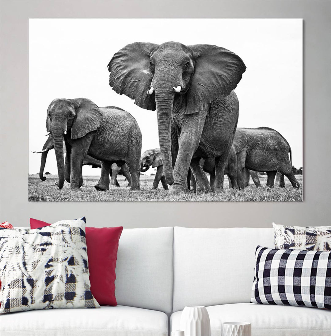 The Black White Elephant Family Wall Art Canvas Print features a triptych of elephants walking in the wild, crafted as gallery-quality wall art on premium canvas.