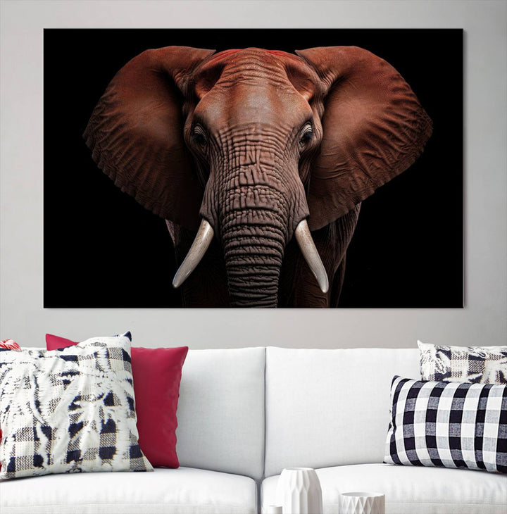 A stunning triptych titled "Wild Elephant Wall Art Canvas Print" beautifully enhances the wall above a contemporary living room. This Africa Savannah Wild Animal Wall Decor Print is of museum-quality, complete with a UV-protective coating to ensure its vibrancy and beauty are preserved for years.