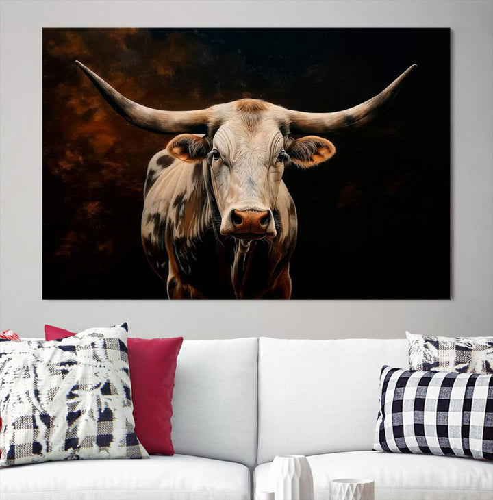 The Texas Longhorn Wall Art, a 3-panel large canvas print, infuses the room with a dash of cowboy charm.