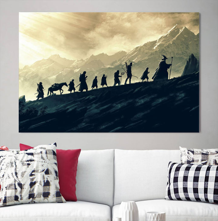 A canvas print titled "Lord of the Rings Silhouette Wall Art Capturing the Epic Quest Through Middle-Earth - The Fellowship's Journey" is displayed.