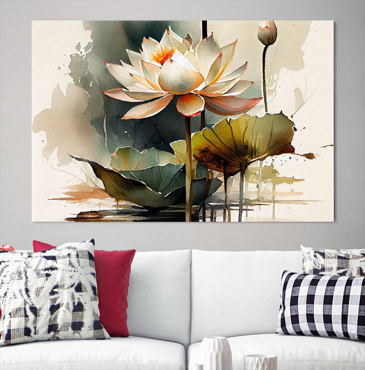 The Lotus Flower Watercolor Canvas Print, a contemporary wall art piece symbolizing serenity and growth with its soft watercolors, adorns the wall.