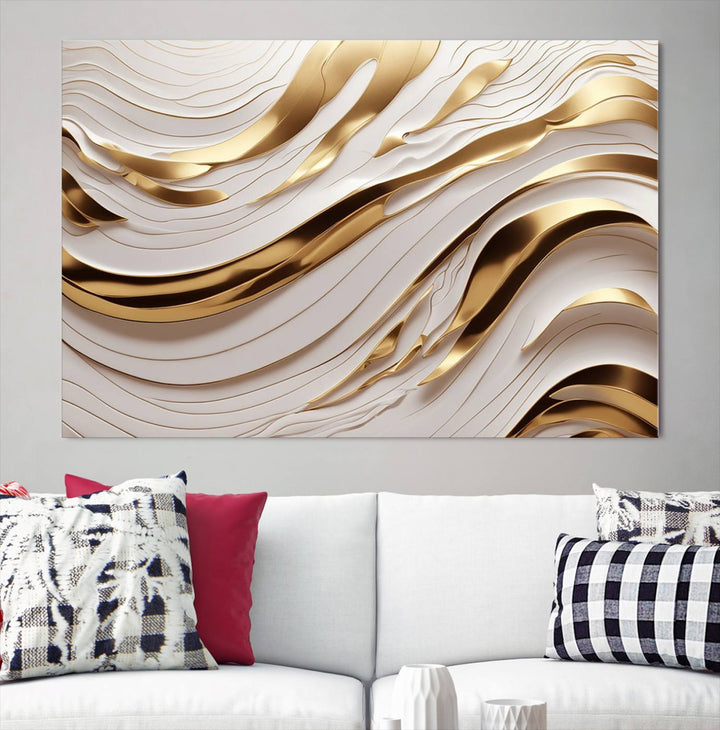 The "Gold and White Abstract Wave Canvas – Elegant Flowing Design with Luxurious Golden Accents" beautifully enhances the area and creates a stunning focal point in the room.