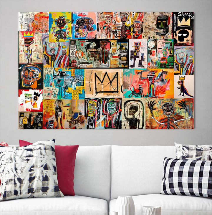 A vibrant Basquiat Art Collage Wall Art Canvas Print in an urban graffiti style adds a modern artistic flair.