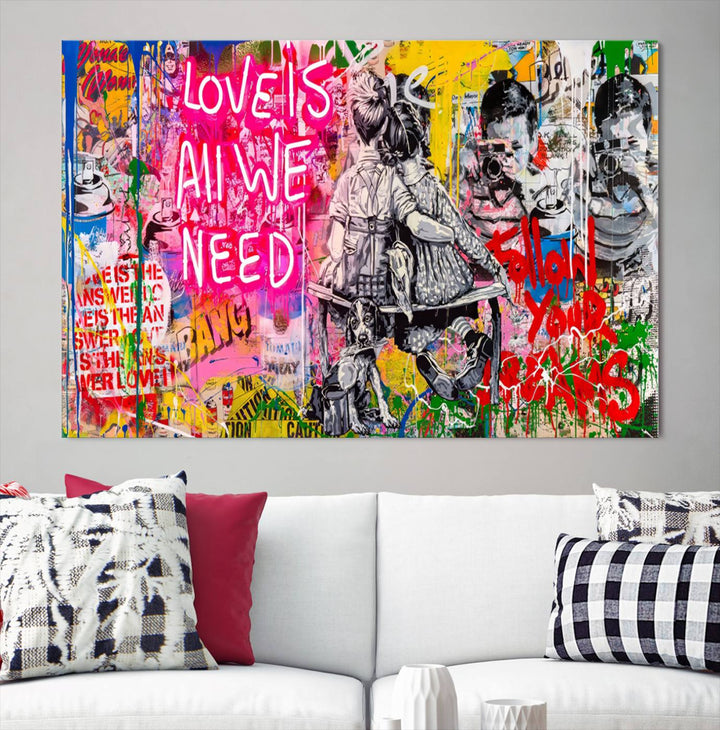 A vivid display of the "Follow Your Dreams & Love is All We Need" graffiti street art energizes a modern room with its three-panel arrangement. This bold giclee canvas print infuses any contemporary space with dynamic flair.