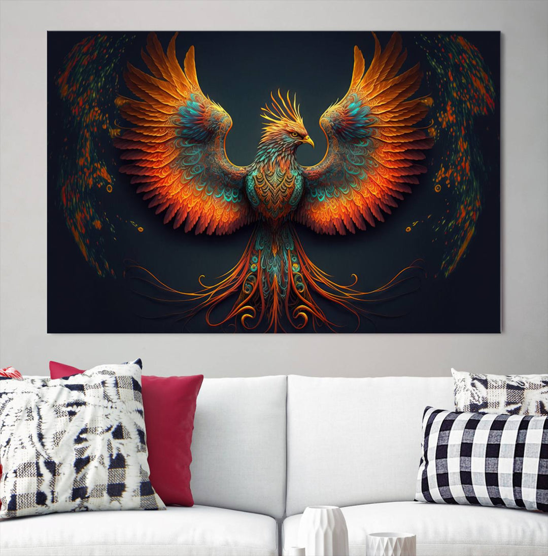 The Majestic Phoenix Wall Art Canvas Set, a fiery symbol of rebirth and strength, graces the wall.