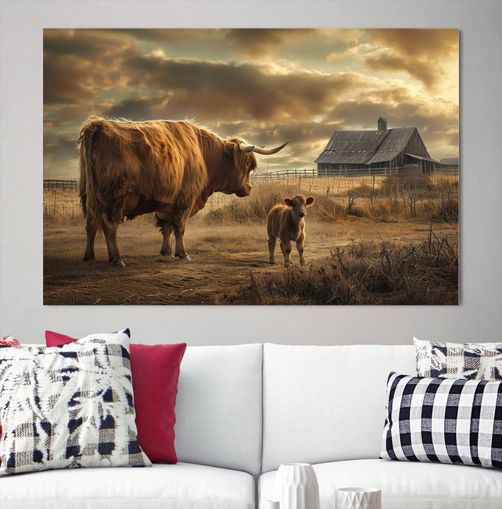 The living room features the "Highland Cow Canvas Wall Art Animal Print Pictures Fluffy Cattle Art," which captures a cow and calf in a rural sunset scene, adding gallery-quality charm.