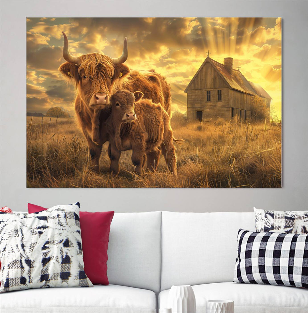 The room features the Barn and Highland Cow Canvas Wall Art Animal Print, a three-panel canvas depicting cows in a sunset field with a rustic barn backdrop. This handmade piece brings charm and character with its gallery-quality finish.