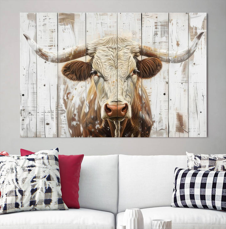 The dimly lit room is enhanced with Western charm by the Rustic Longhorn Bull Wall Art Canvas Set—Western-Inspired Farmhouse Décor, elegantly displayed on the wall.