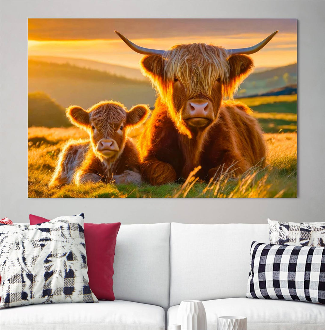 The living room showcases a gallery-quality finish with the Scottish Cow and Baby Cow Canvas Wall Art, featuring a charming animal print of fluffy cattle as the centerpiece. This stunning piece is displayed on premium canvas, creating an inviting atmosphere.