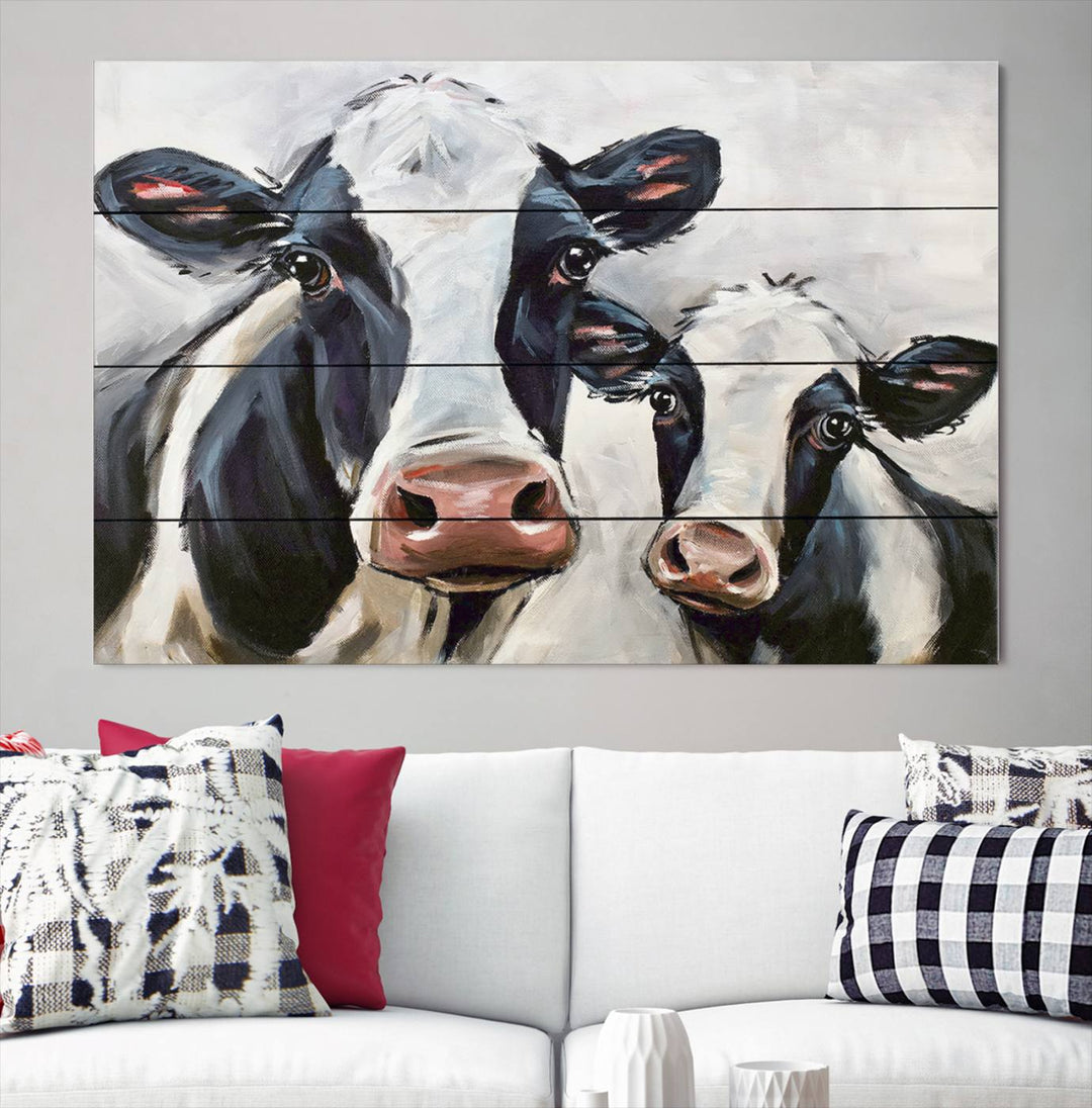 The Vintage Baby and Mom Cattle Wall Art Canvas Print is prominently displayed, adding a touch of contemporary and farmhouse decor to the modern living room.