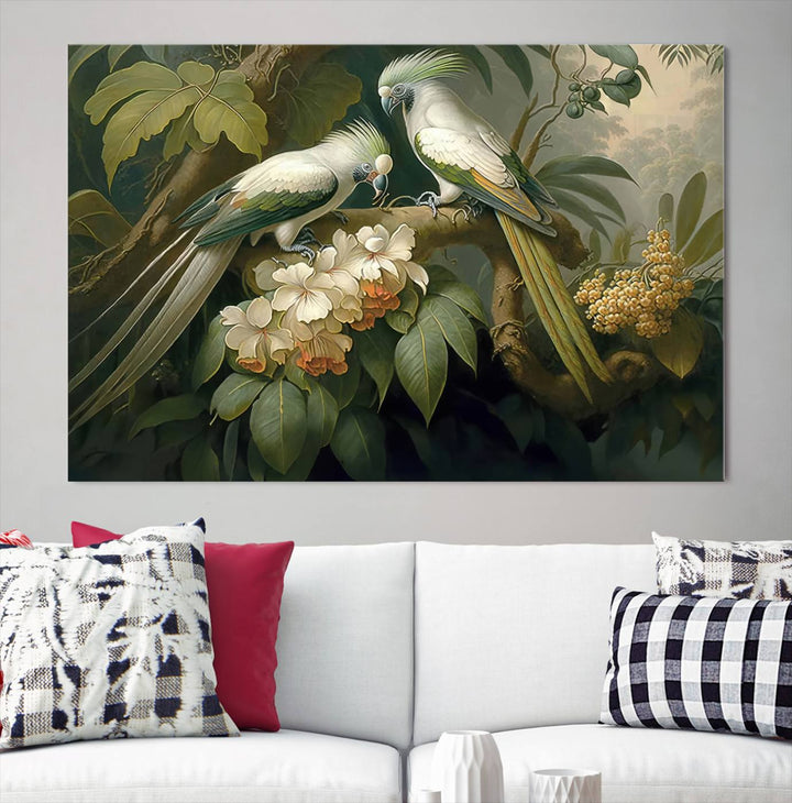 Crafted in the USA, this Tropical Paradise Print wall art features a stunning parrot amidst a lush forest and beautiful flowers.