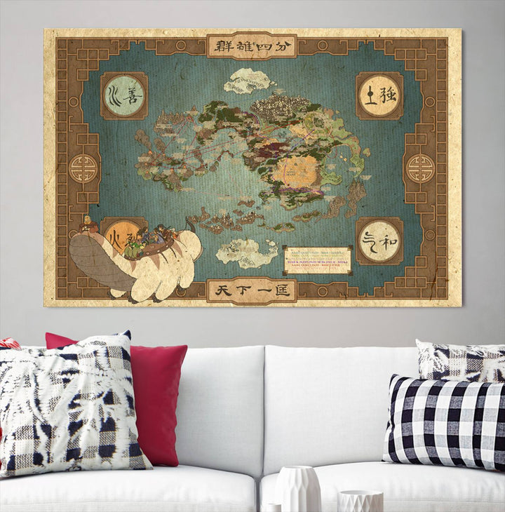 Hanging above is the Avatar: The Last Airbender Vintage Map - Wall Art Canvas Print, framed and ready to hang, showcasing an enchanting glimpse into the iconic four nations design.