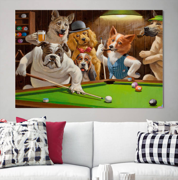 The "Dogs Playing Pool Canvas Wall Art" features a whimsical scene of dogs dressed as humans playing pool in a bar, presented as a three-panel display with a gallery-quality finish.