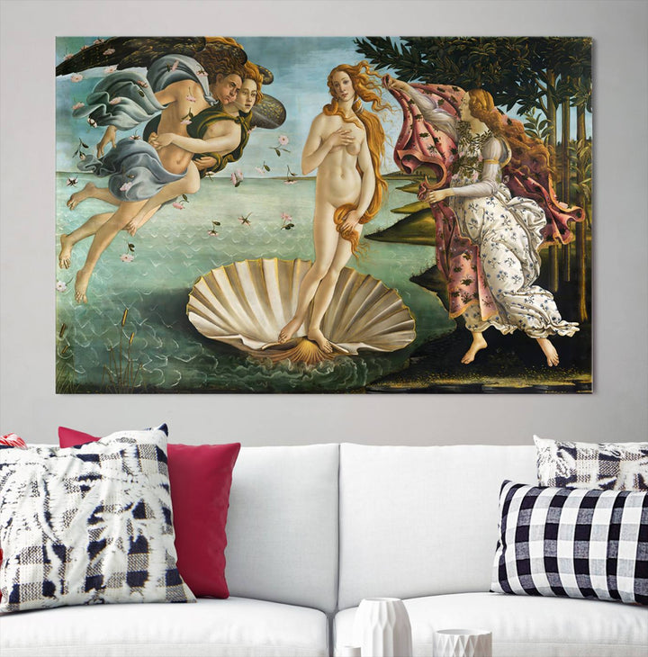 A gallery-quality finish graces the triptych of "The Birth of Venus Sandro Botticelli Reproduction Canvas Print Classic Print," elegantly showcased as a stunning centerpiece. This exquisite canvas artwork enhances the living room's decor, serving as an eye-catching focal point in the space.