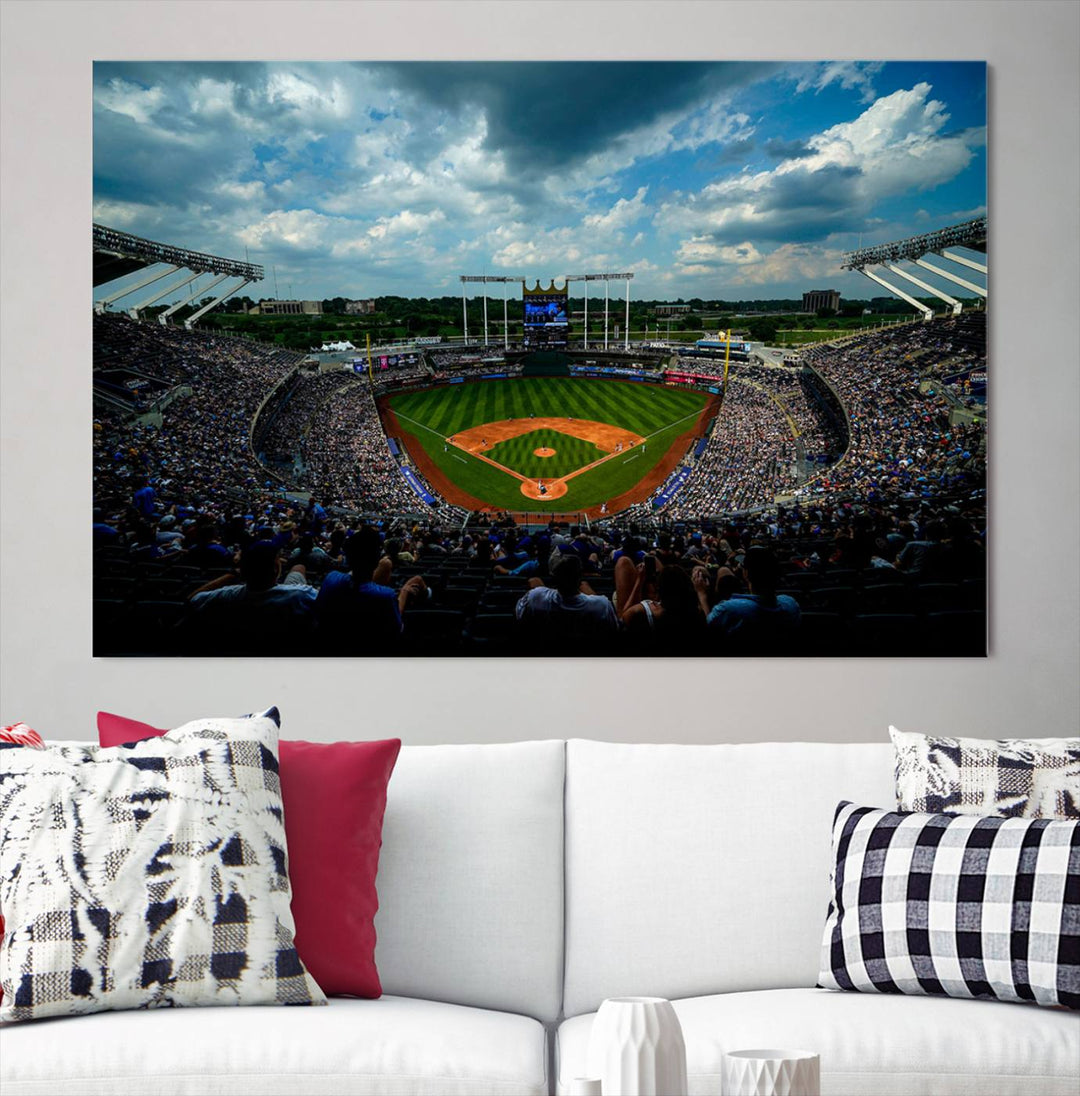 Kauffman Stadium Day Game Triple Canvas Wall Art - Kansas City Royals MLB Match