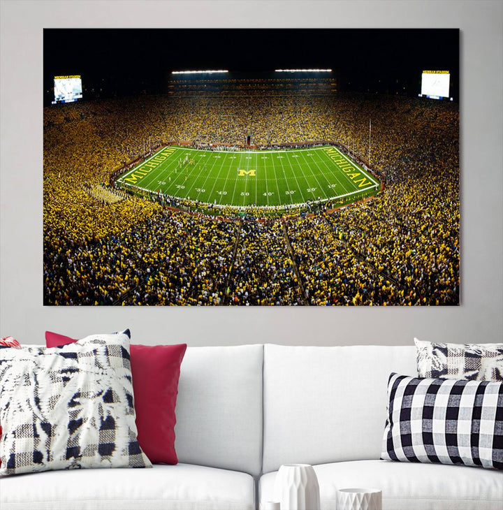 Michigan Wolverines Football Team Print - Michigan Stadium Night Game Triple Canvas Wall Art - University of Michigan Football Match