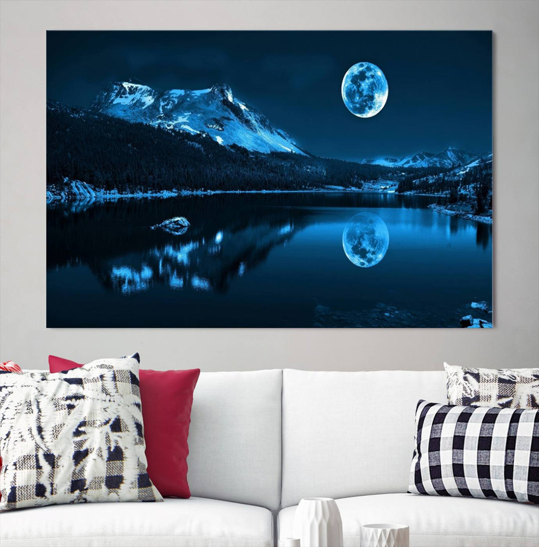 Blue Moon Mountain Lake Landscape Framed Wall Art Canvas Print