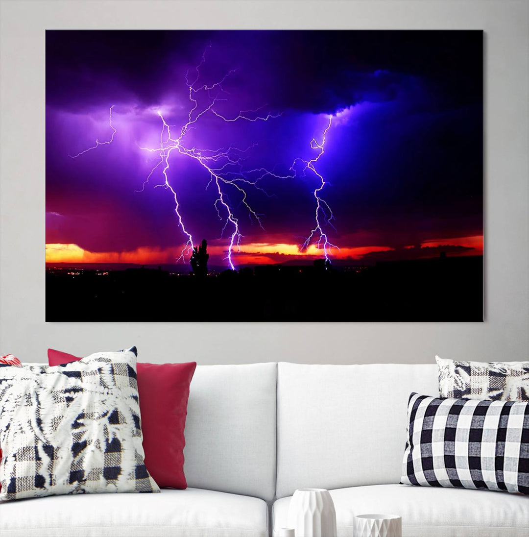 Electrifying Sunset Thunderstorm Canvas Print – Dramatic Lightning and Vibrant Sunset Wall Art