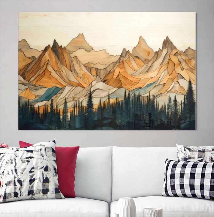 Rustic Wood Style Mountain Wall Art Print | Triptych Giclee Print Featuring Handcrafted Forest and Mountain Range Design | Framed Ready-to-Hang Print