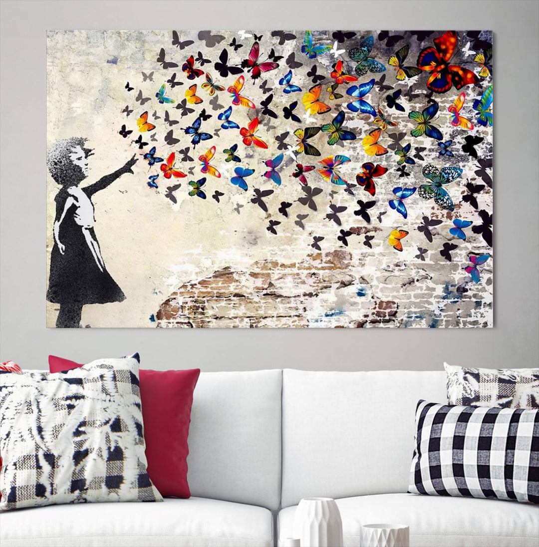 Banksy Style Girl with Butterflies Wall Art - Beautiful Framed Ready-to-Hang Triptych Canvas - Vibrant Butterfly Street Art for Modern Decor