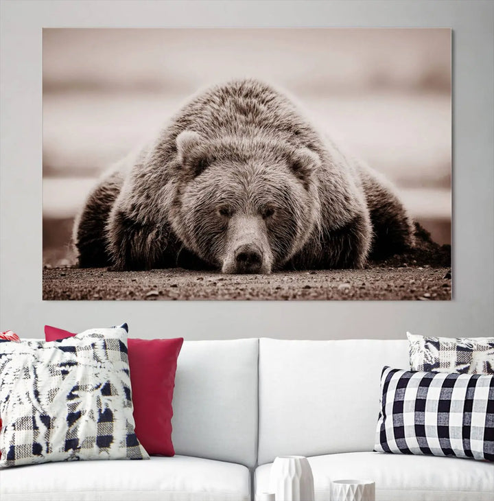 The Grizzly Bear Wall Art Print - a Rustic Bear Portrait Canvas - serves as the centerpiece on the wall, creating an elegant, nature-inspired decor.