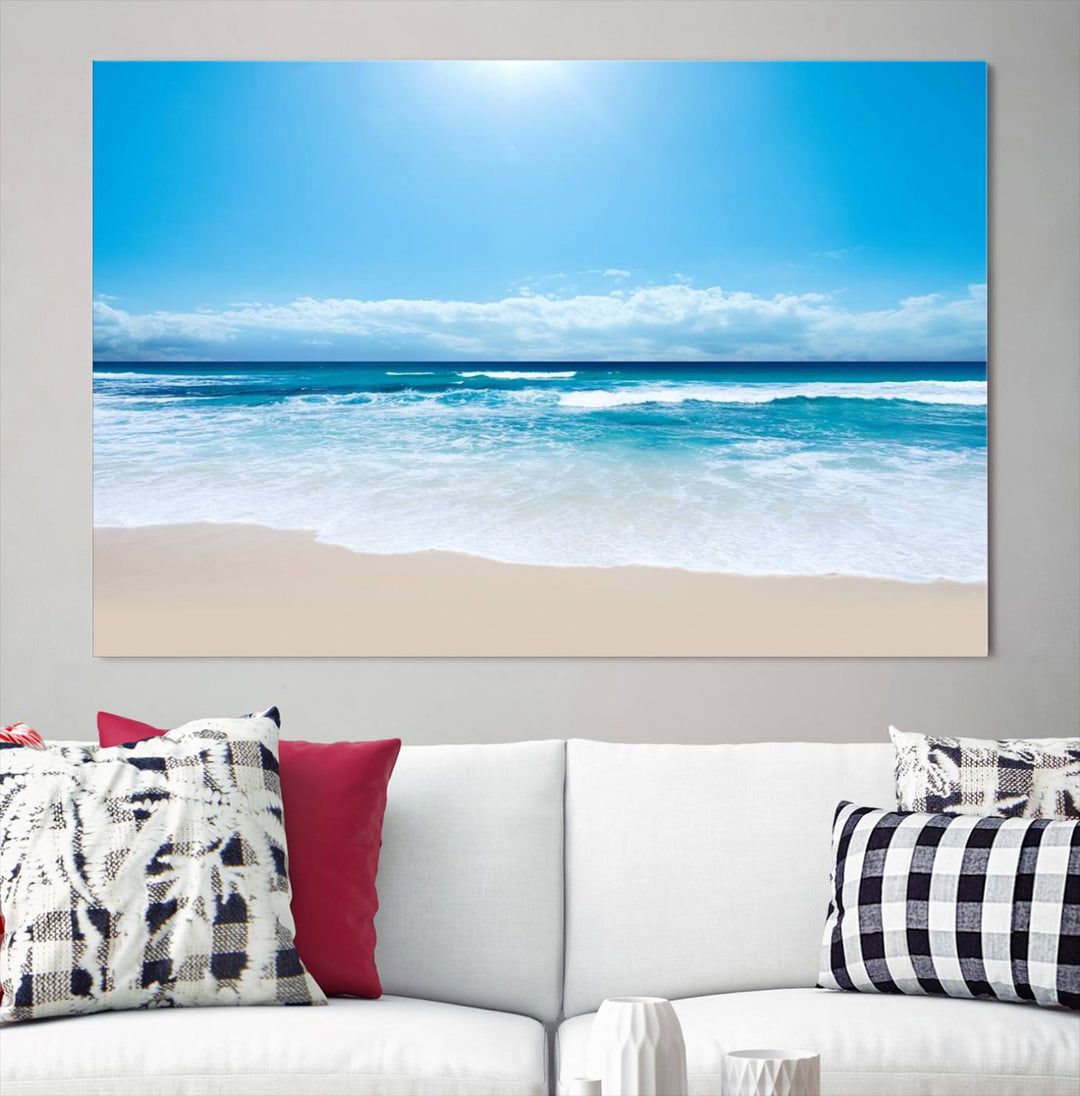 Lienzo decorativo para pared grande con estampado de mar y playa azul brillante