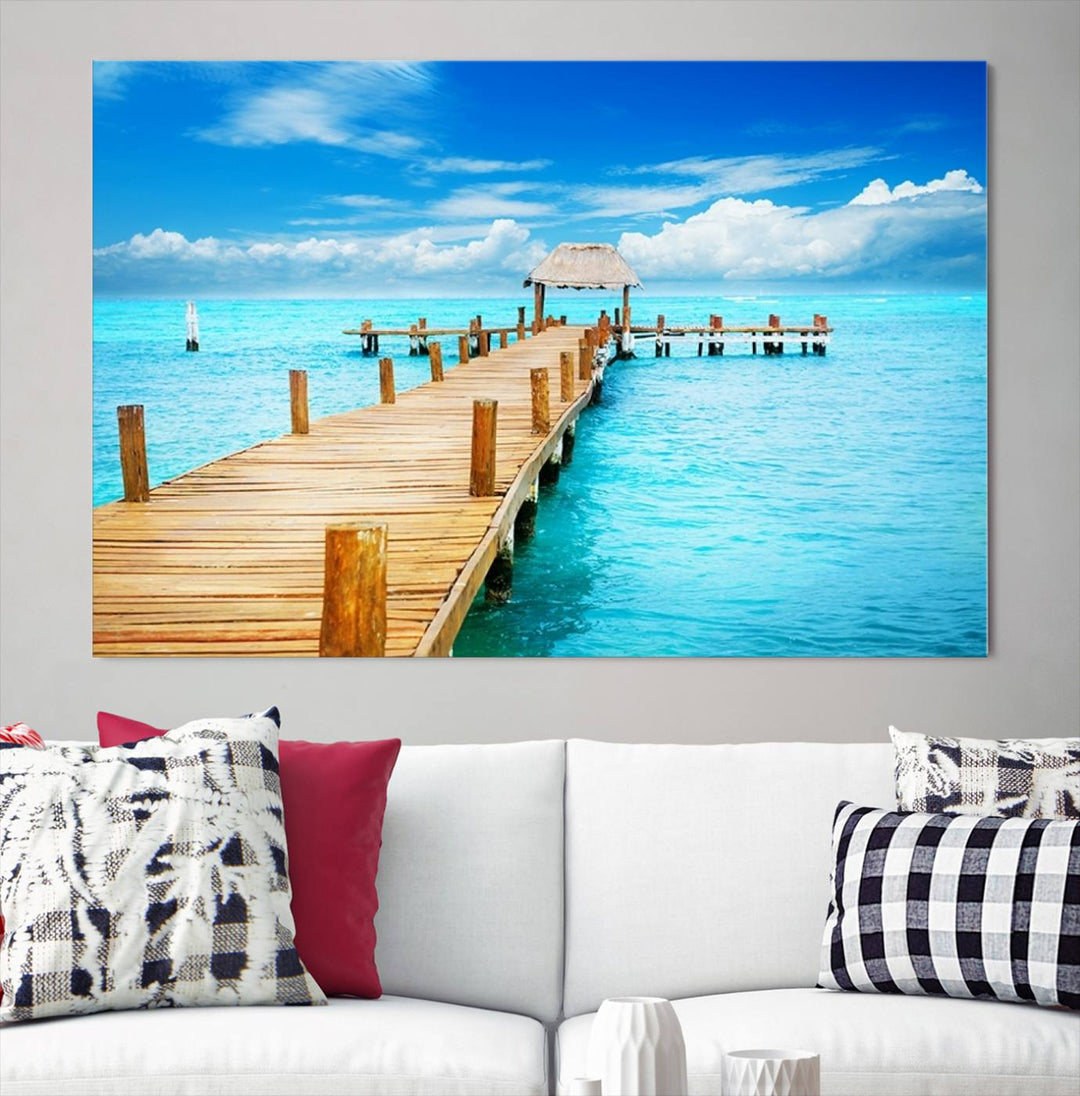 Tropical Pier Triptych Wall Art, Stunning Turquoise Ocean and Wooden Dock Canvas Print, Coastal Beach House Decor, Ocean View Canvas Art