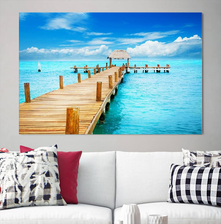 Tropical Pier Triptych Wall Art, Stunning Turquoise Ocean and Wooden Dock Canvas Print, Coastal Beach House Decor, Ocean View Canvas Art