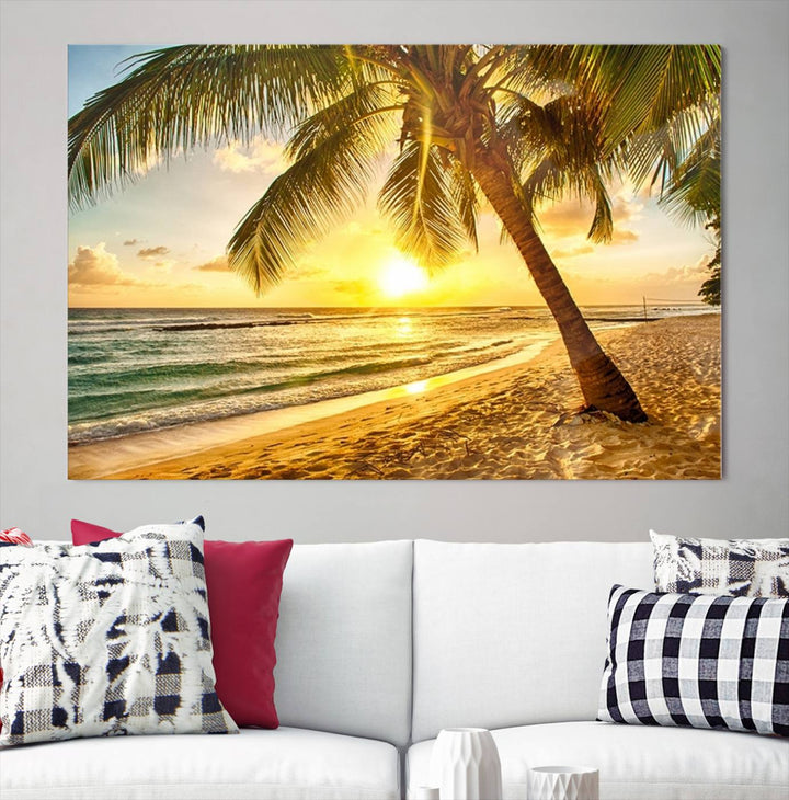 Wall Art Canvas Print Palm on Beach at Bright Sunset