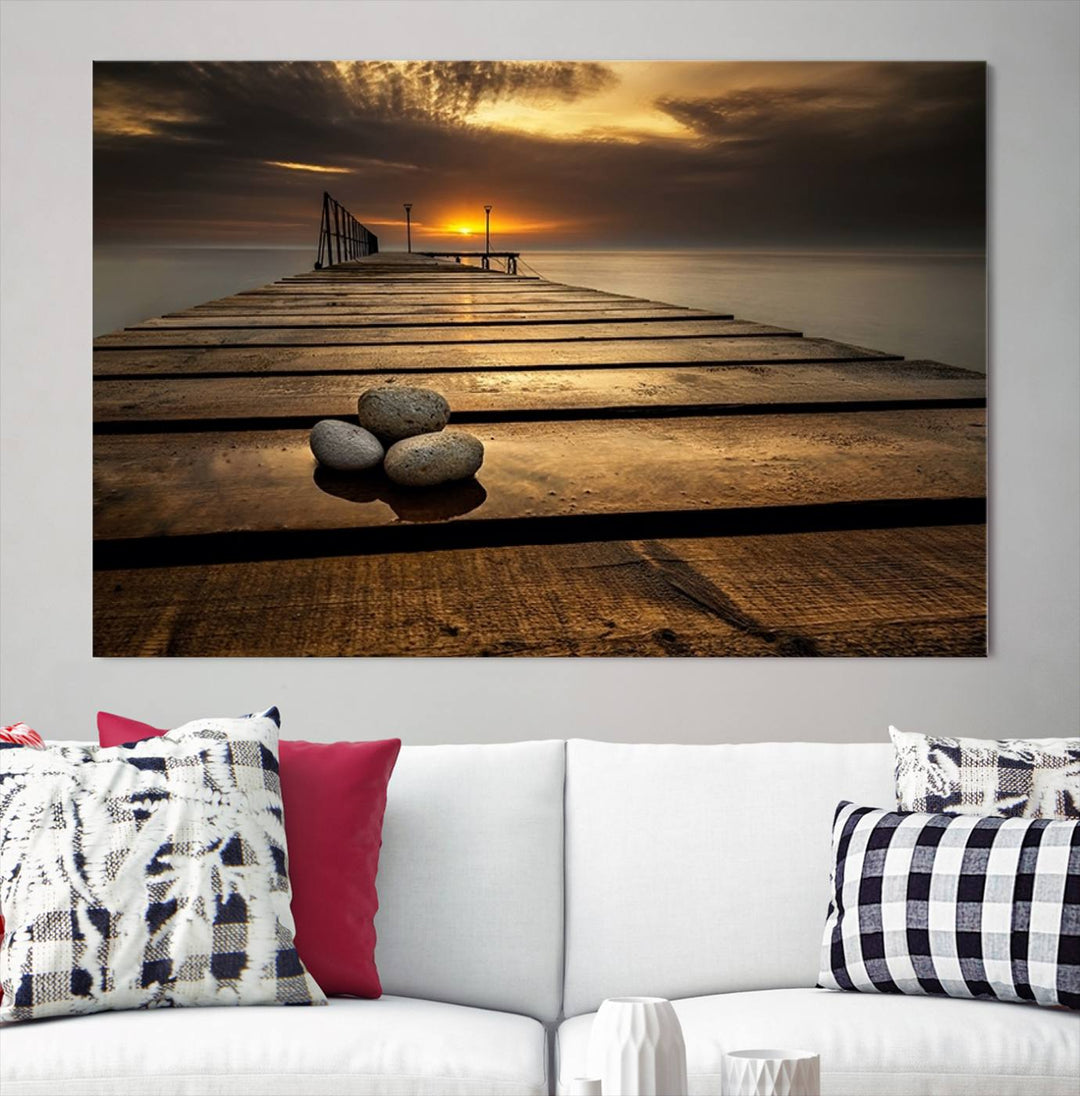 Stones on Wooden Pier at Sunset Wall Art Canvas