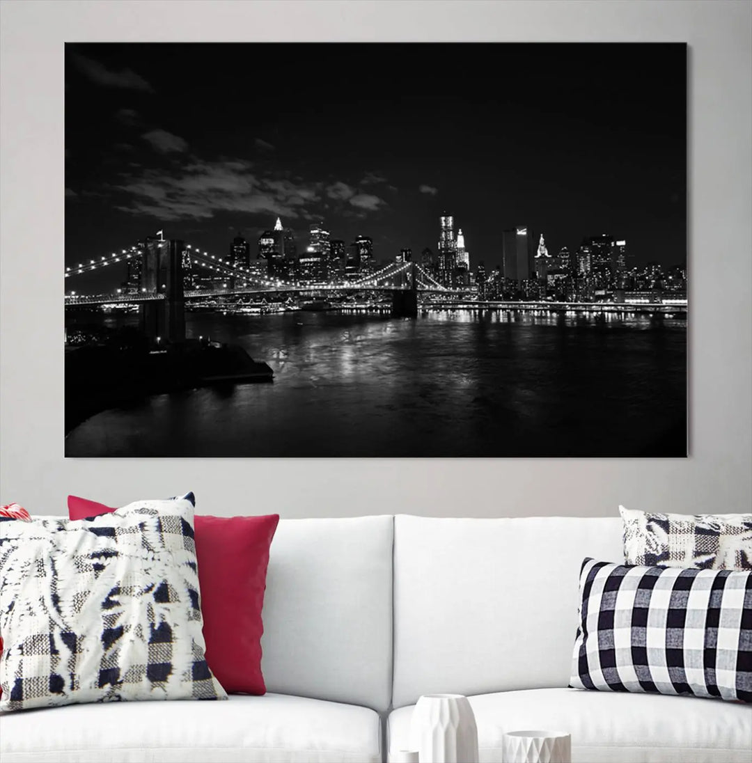 The "NEW YORK Canvas Prints Black and White Brooklyn Bridge Print" is a stunning triptych showcasing the iconic city skyline and bridge. Printed on museum-quality canvas with a UV-protective coating, it is ready to hang and instantly elevates your decor.