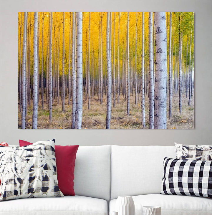 Impresión artística de pared con bosque de abedules en otoño