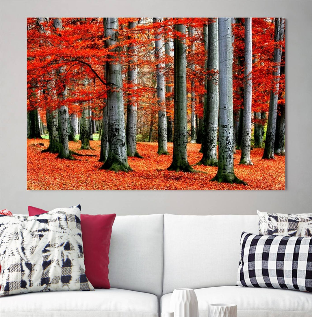 Impression sur toile de paysage d'art mural, feuilles rouges sur des arbres sur fond rouge