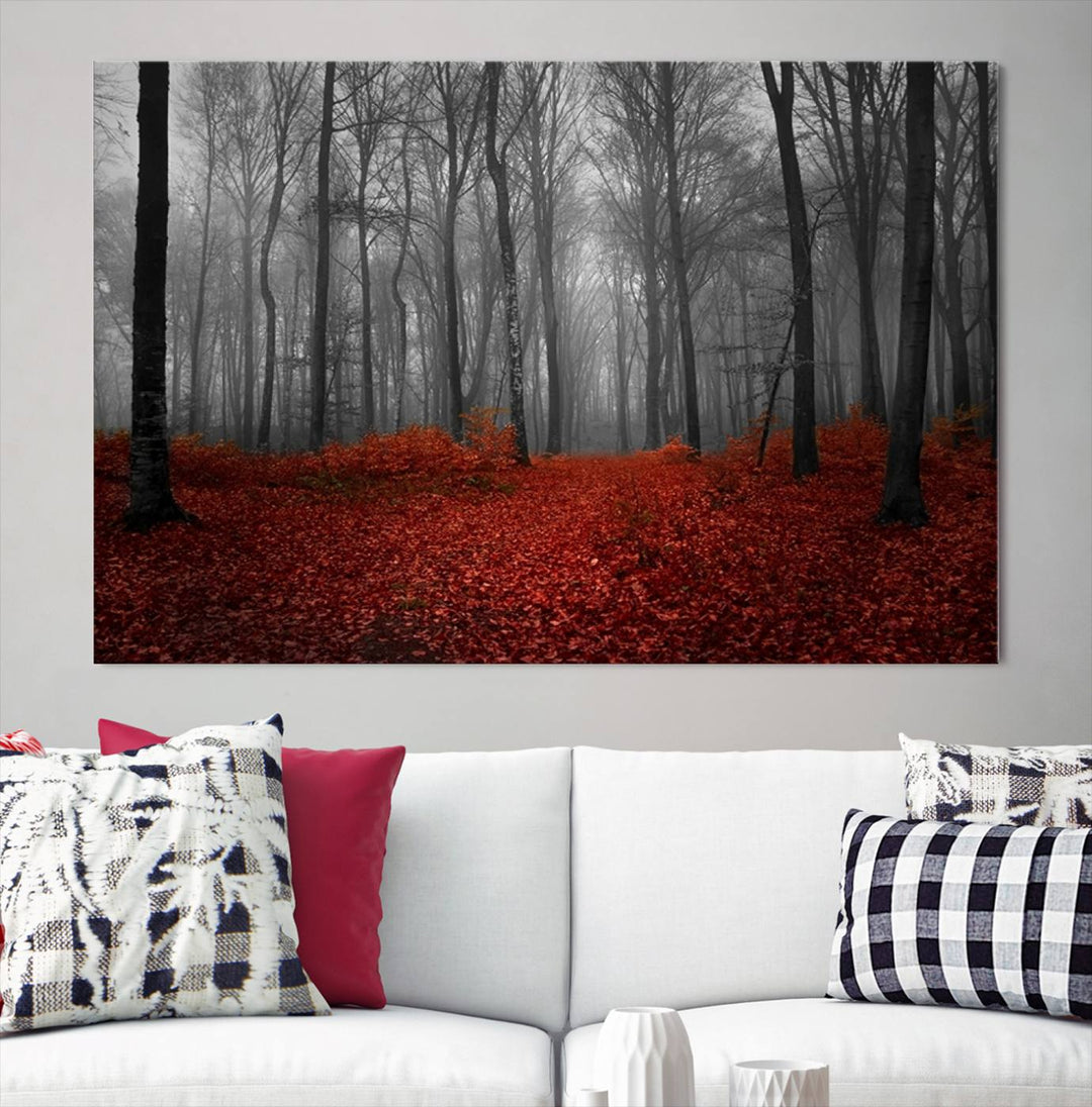 Impression sur toile de paysage d'art mural, forêt merveilleuse avec des feuilles rouges au sol