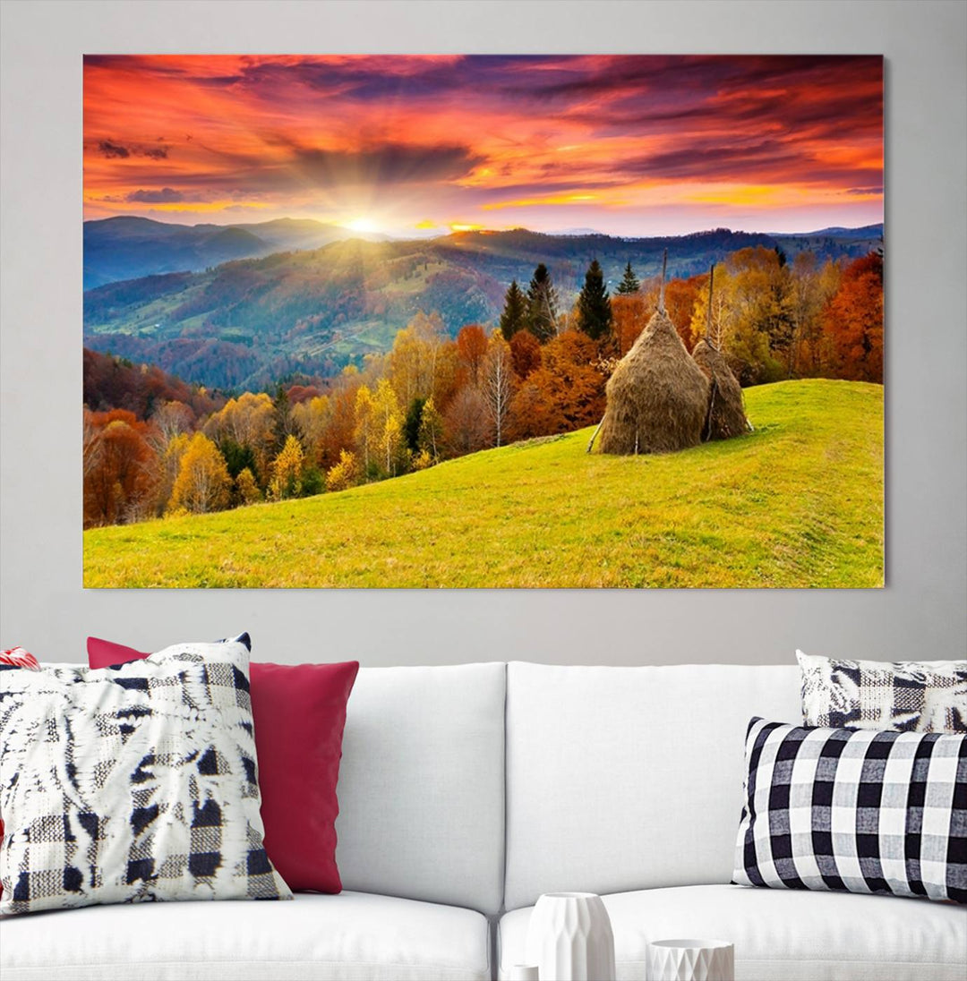 Impression sur toile de paysage d'art mural, tous les tons de vert au coucher du soleil