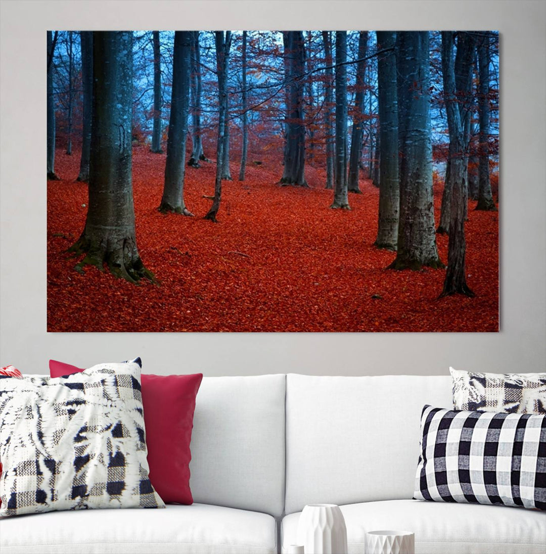 Impression sur toile de paysage d'art mural, feuilles rouges dans la forêt bleue